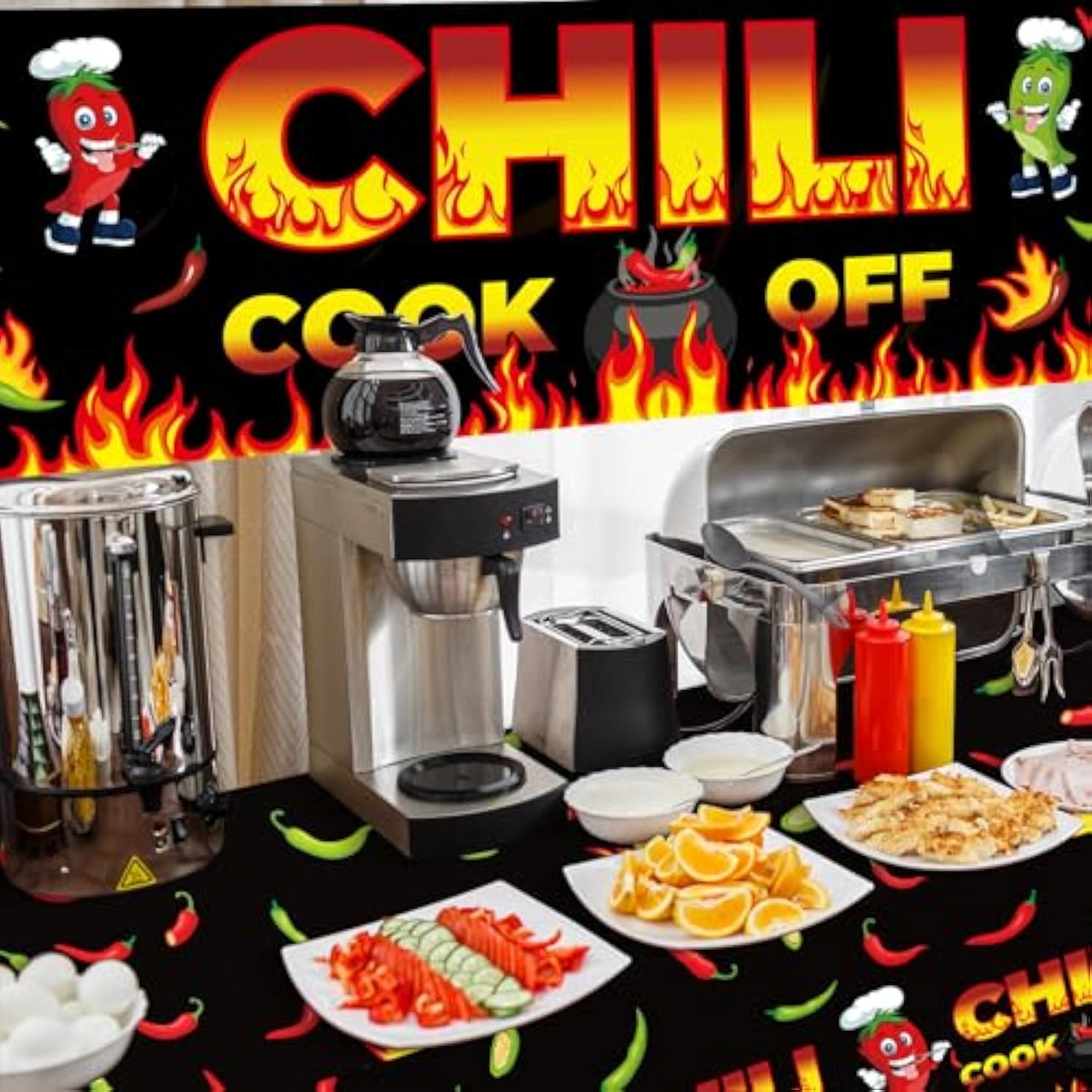 Chili Cook Off Banner 71x24in with 3-Pc Chili Pepper Tablecloth Fiesta Decor