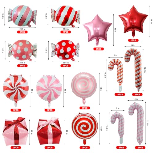 Christmas Candy Cane Balloons Decorations - 42 Pcs Candy Cane Foil Balloons with Tape, Mylar Sweet Round Christmas in July Balloon for Party Birthday Wedding, Red Pink Xmas Theme Party Decorations