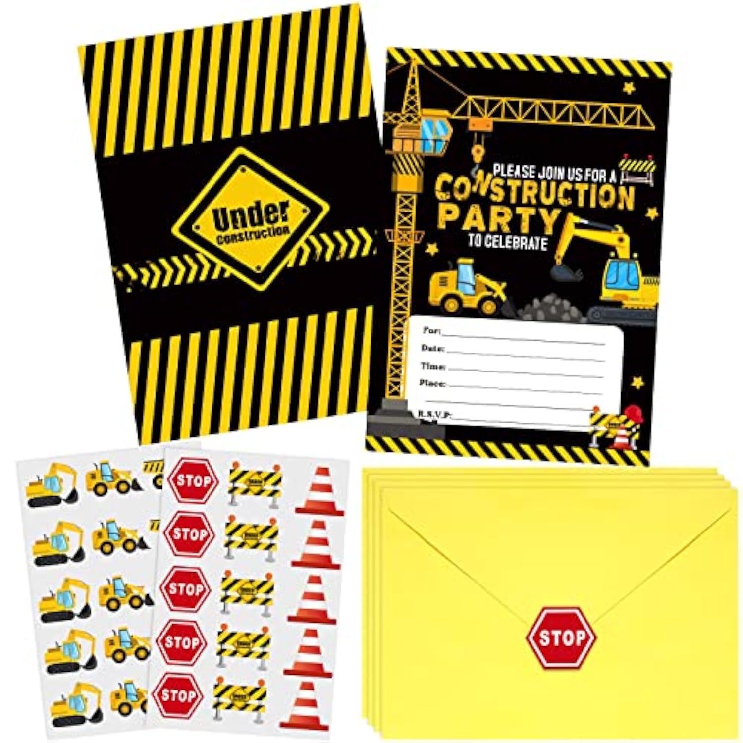 30 Pack Construction Party Invitations Construction Zone Birthday Invites With Yellow Envelopes And Stickers For Boy Kids Construction Dump Trucks Party Decoration Supplies