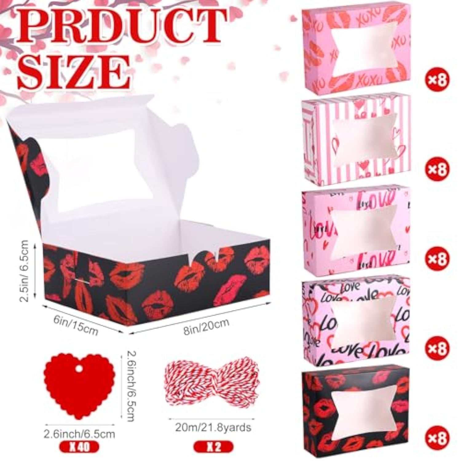 40 Pcs Valentine'S Day Bakery Cookie Boxes Cupcake Treat Box With Pvc Window 8X6X2.5 Inches Heart Gift Boxes Containers For Holiday Pastries Wedding Doughnut Candy Gift Giving (40)