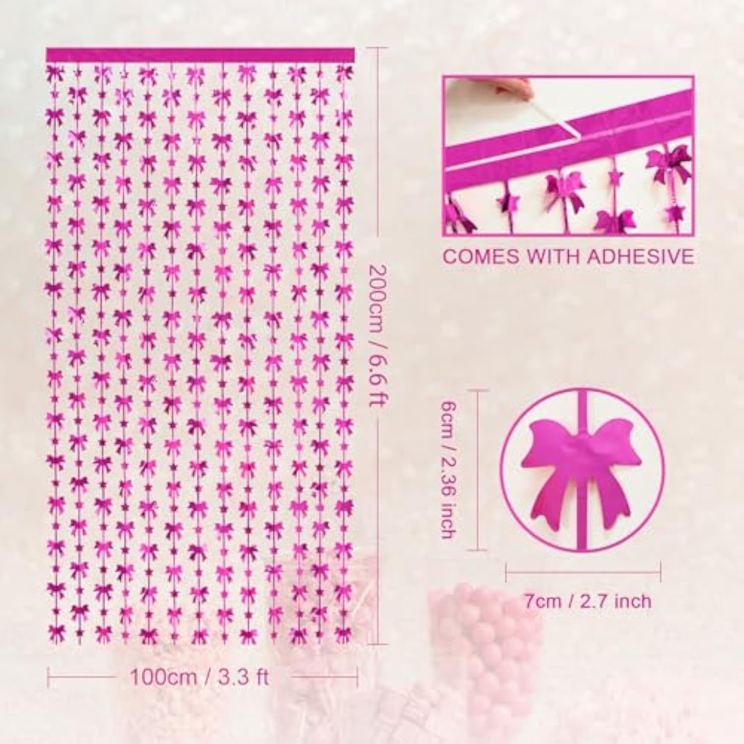 Hot Pink Bow Party Decor 2-Pack Foil Fringe Curtains Photo Booth Backdrop