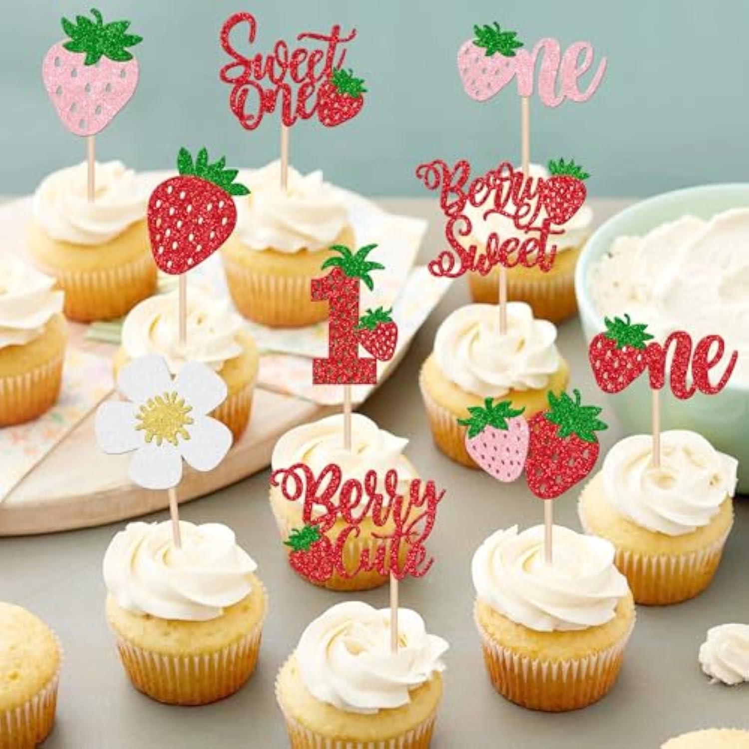 30 Pcs Sweet One Strawberry Cupcake Toppers Glitter Sweet Berry 1St Birthday Cupcake Picks Strawberry Birthday Decorations For Baby Shower Kids First Birthday Party Cake Decorations Supplies