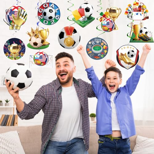 14pcs Soccer Hanging Swirls for Party Decorations, World Soccer Ceiling Hanging Swirl Banner for Soccer Birthday Party Home Sports Club Bar Decorations