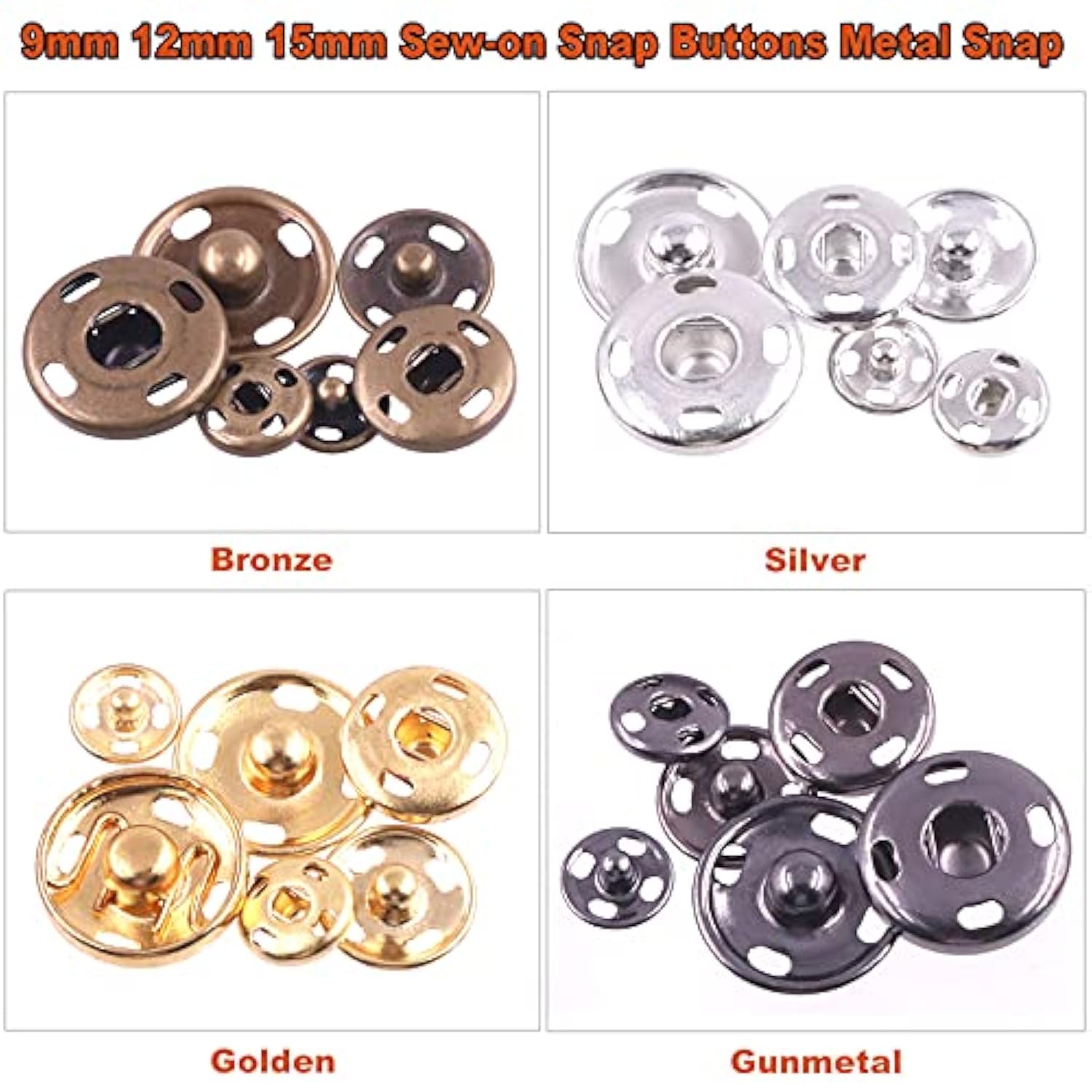 180 Sets 9Mm 12Mm 15Mm Sew-On Snap Buttons 4 Color Snap Buttons Metal
