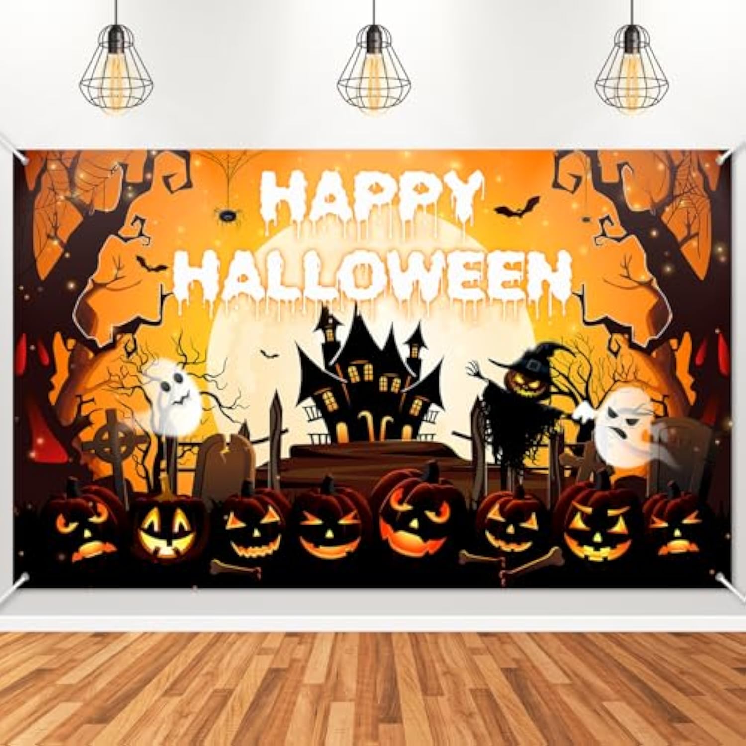 Happy Halloween Banner Orange Black Spooky Pumpkin Party Decorations Backdrop 6x3.6ft