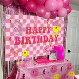 Preppy Birthday Backdrop, Pink Checkered Smiley Face Banner for Baby Shower & Parties