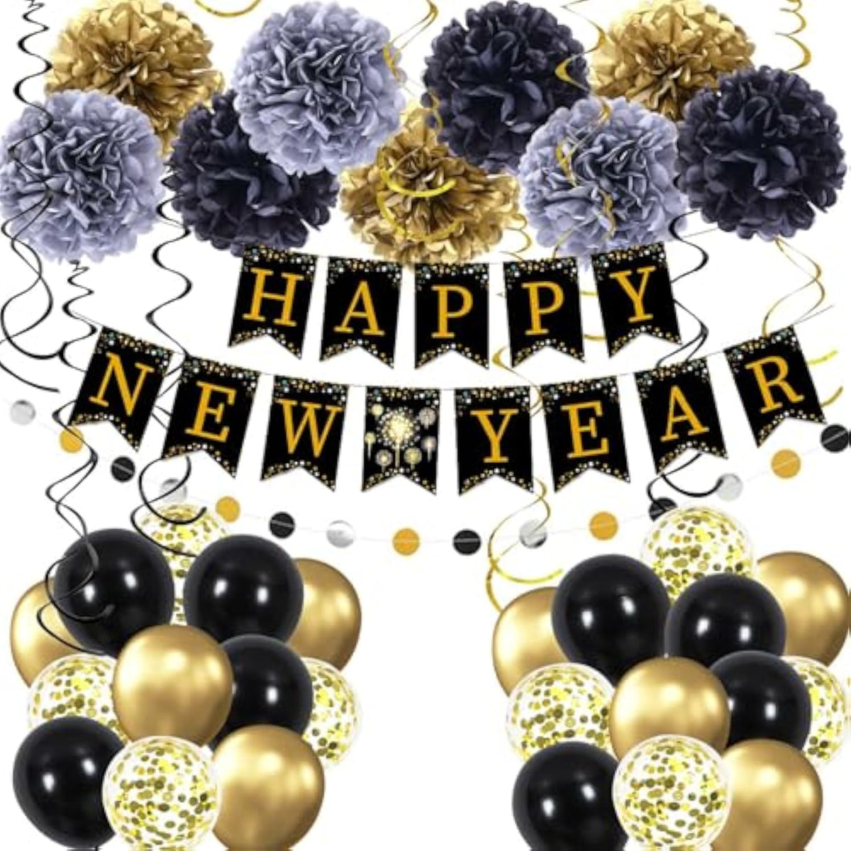 New Year 2025 Party Supplies 86pcs Black Gold Balloon Garland Kit