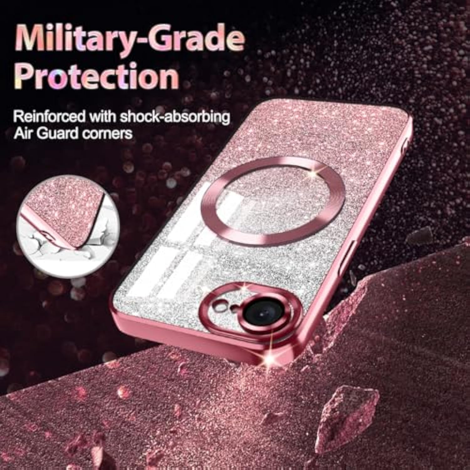 For Iphone 16E Case 2025,Compatible With Magsafe,Clear Magnetic Glitter Sparkle Luxury Plated Soft Tpu Bumper Full Camera Lens Protector For Iphone 16E,All Rose Gold