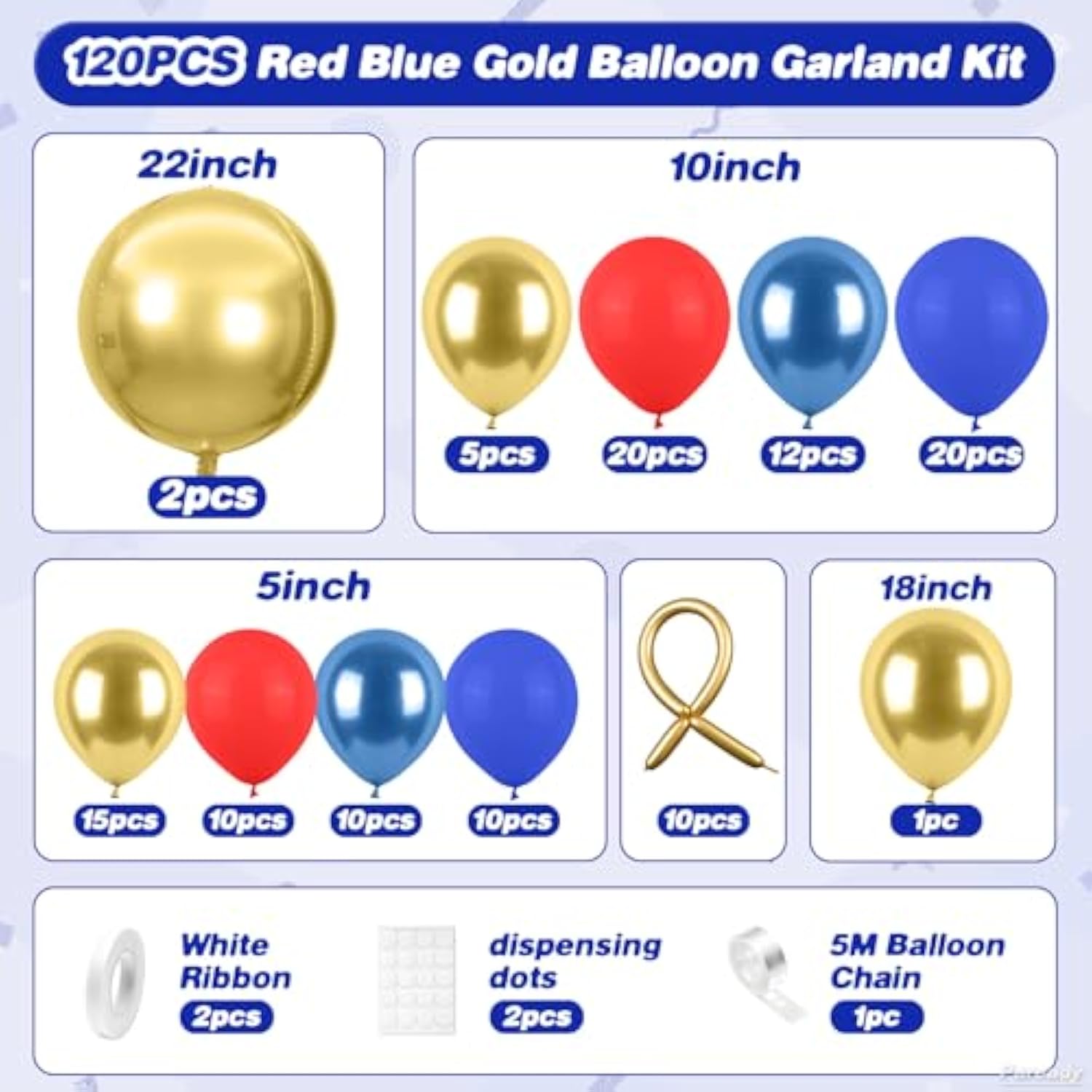 Red Blue Gold Balloon Garland Kit, 120Pcs Royal Blue Red Arch Kit With Gold 4D Foil Balloon Long Balloons Different Sizes For Video Theme Birthday Baby Shower Party Graduation Game Bachelorette Decor
