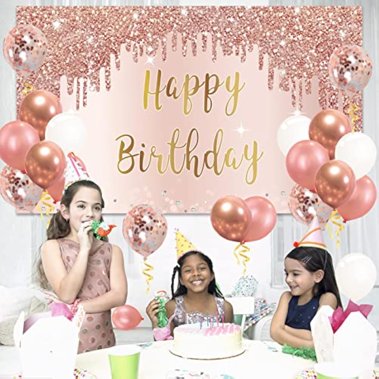 Rose Gold Happy Birthday Banner Backdrop With Confetti Balloon Garland