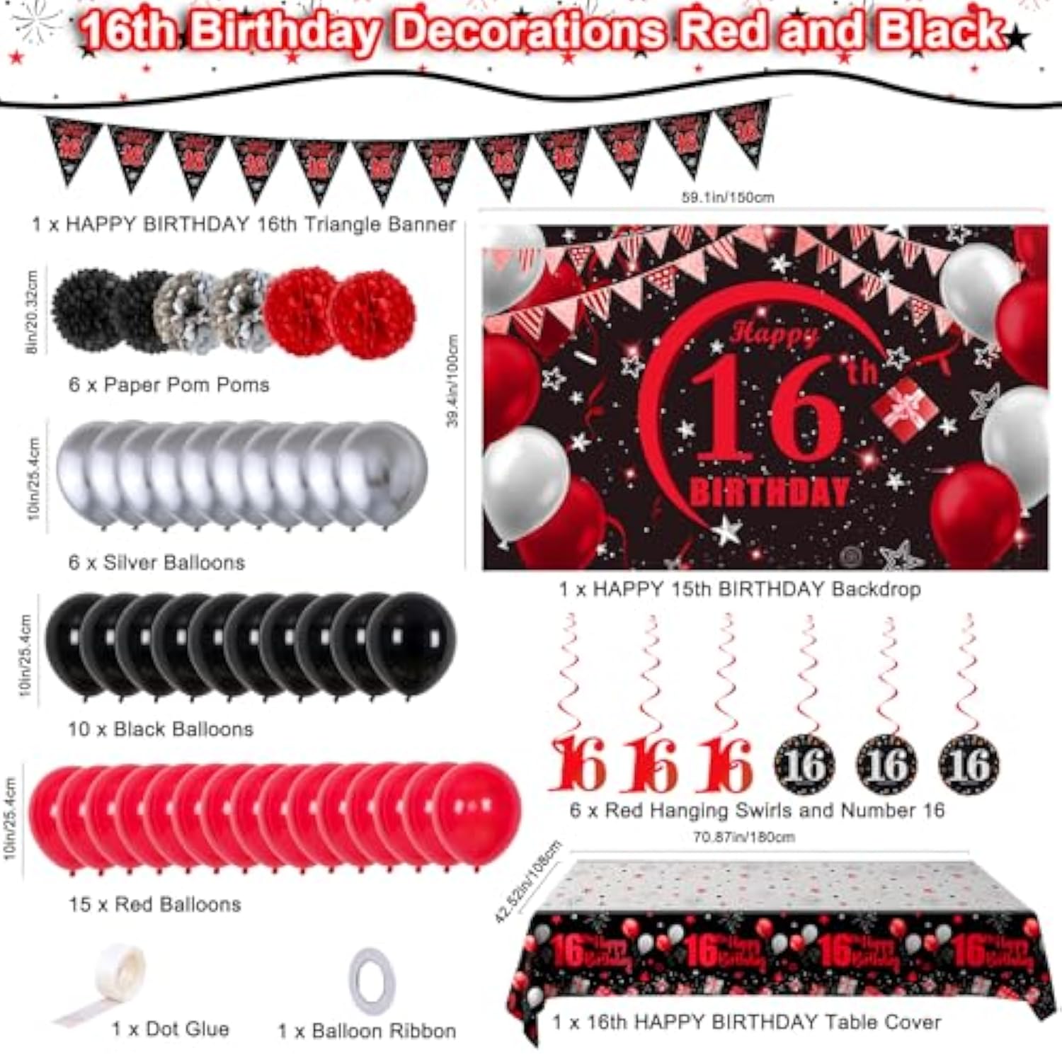 16Th Birthday Decorations For Boys Girls Red And Black, Happy 16Th Birthday Backdrop Banner, 16 Birthday Party Decorations Balloons Triangle Flag Tablecloth, 16 Year Old Boy Girl Bday Party Supplies