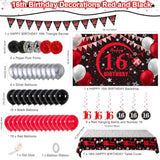 16Th Birthday Decorations For Boys Girls Red And Black, Happy 16Th Birthday Backdrop Banner, 16 Birthday Party Decorations Balloons Triangle Flag Tablecloth, 16 Year Old Boy Girl Bday Party Supplies