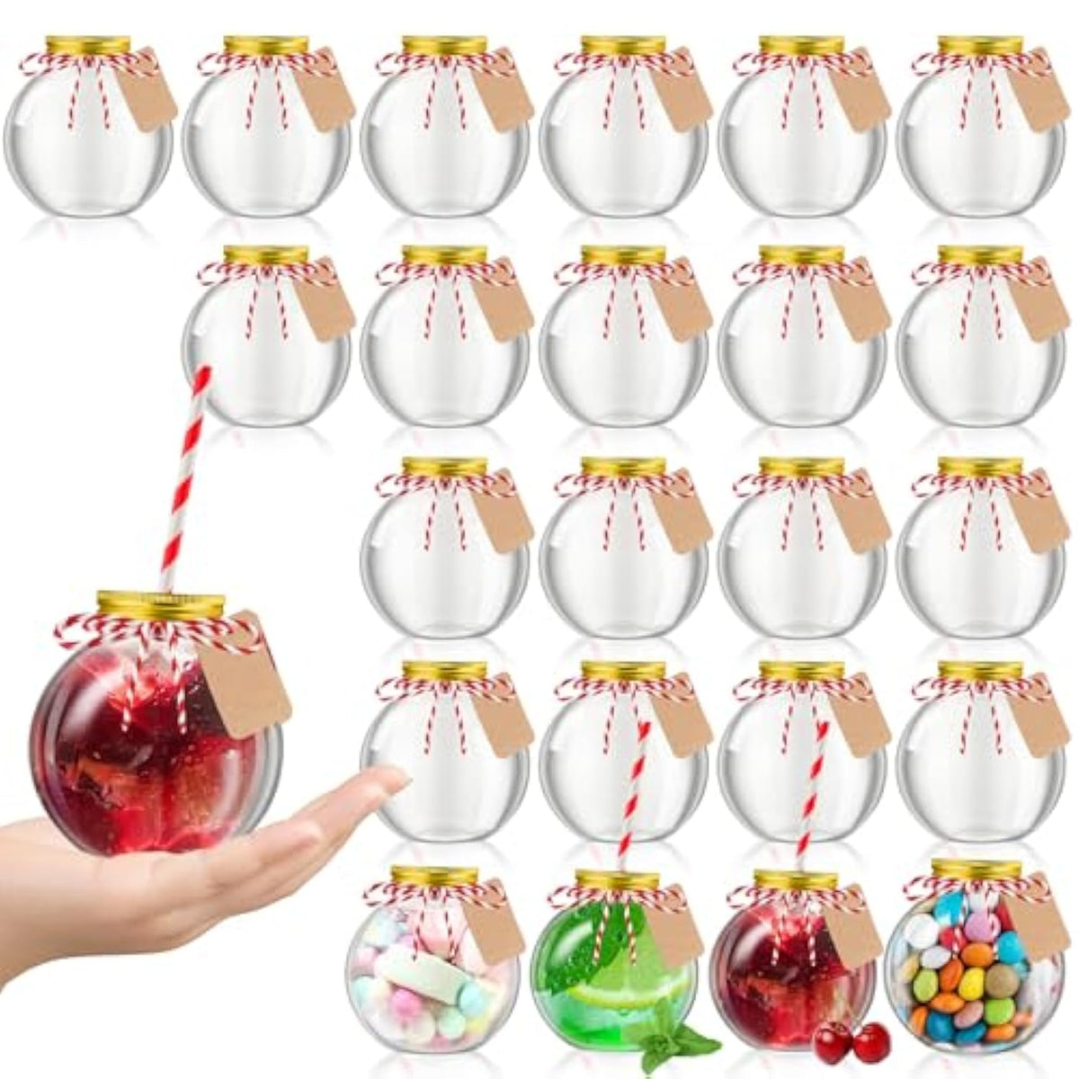 24 Pcs Fish Bowl Ornament Cups Plastic Patron Bottles With Lids And Straws Spherical Bulb Cups 10 Oz Clear Mini Drink Bowl For Candy Christmas Carnival Party Gift Decorations