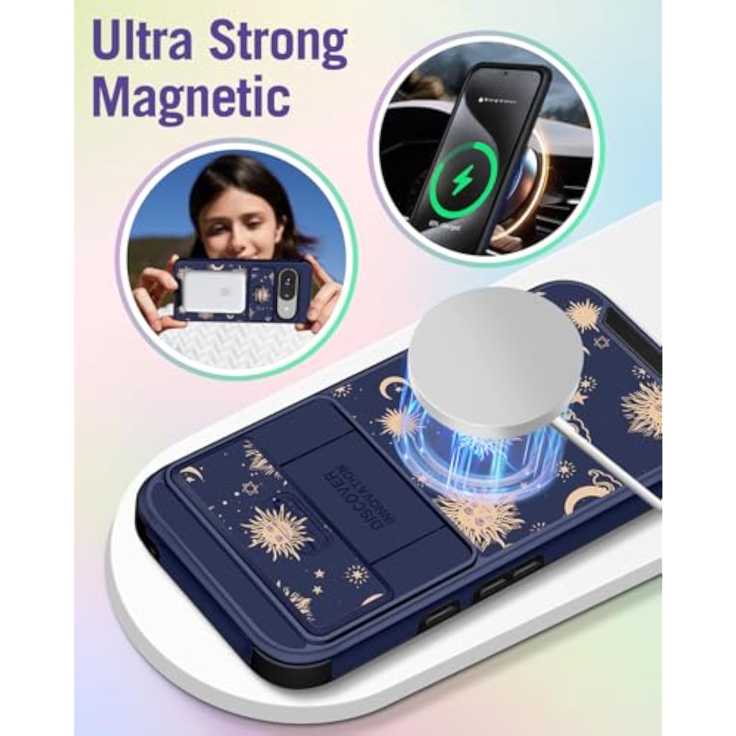 For Google Pixel 9 Case/Pixel 9 Pro Case - With Ring Stand & Camera Cover Aesthetic Cute Designed Women Girls Girly Kawaii Sun Moon Stars For Pixel 9/9 Pro Phone Case Compatible With