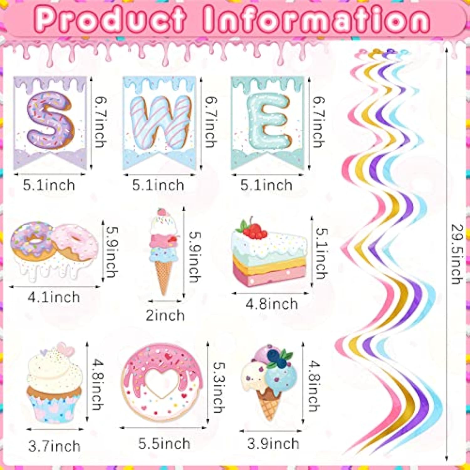 25 Pcs Two Sweet Donut Birthday Party Decorations Include Two Sweet Banner 24 Ice Cream And Donut Party Hanging Streamers 2Nd Birthday Decorations For Girl