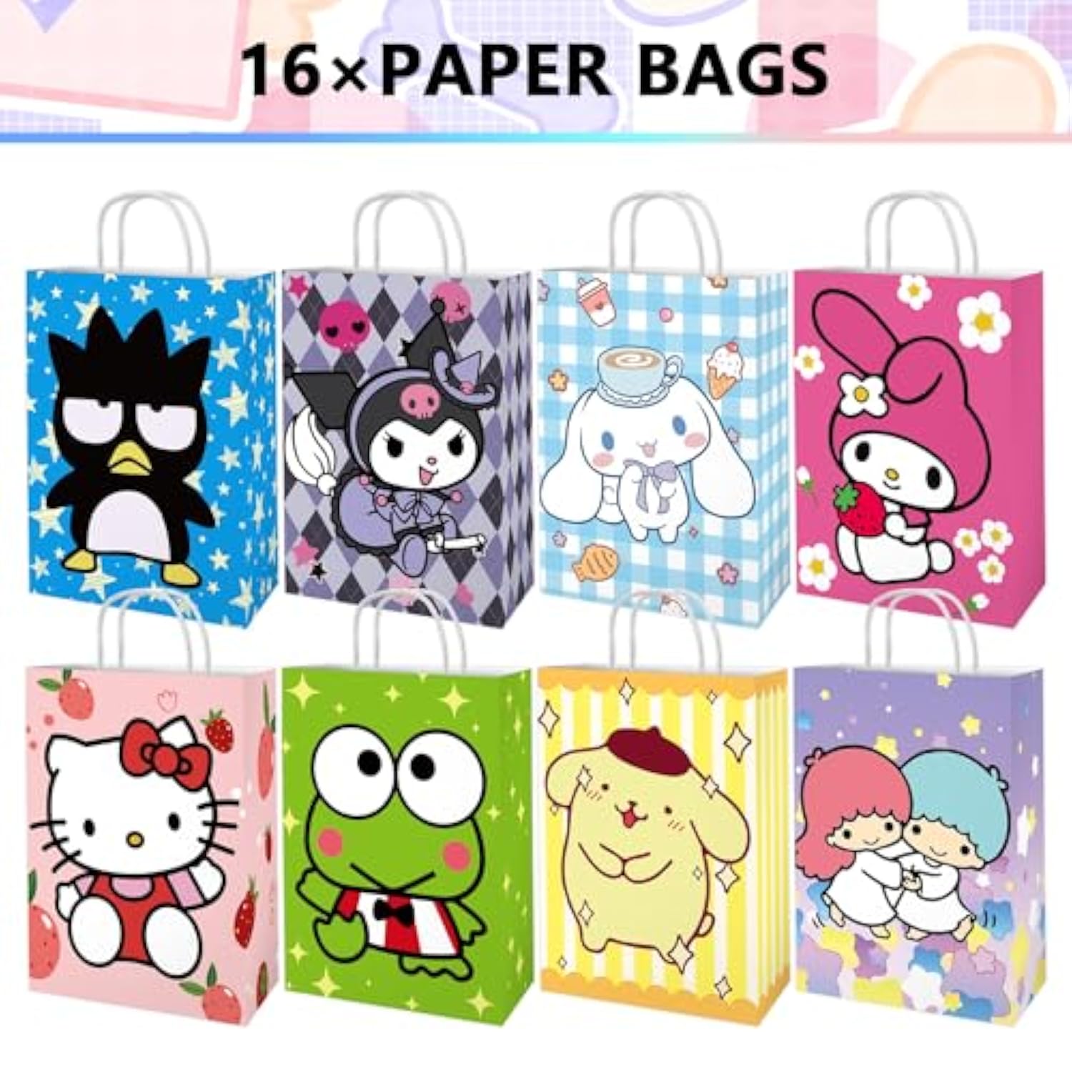 Kitty Birthday Party Supplies, 16Pcs Party Goodie Gift Bags, Including 8 Patterns Double Sided Printed Ideal For Kawaii Birthday Party Decorations