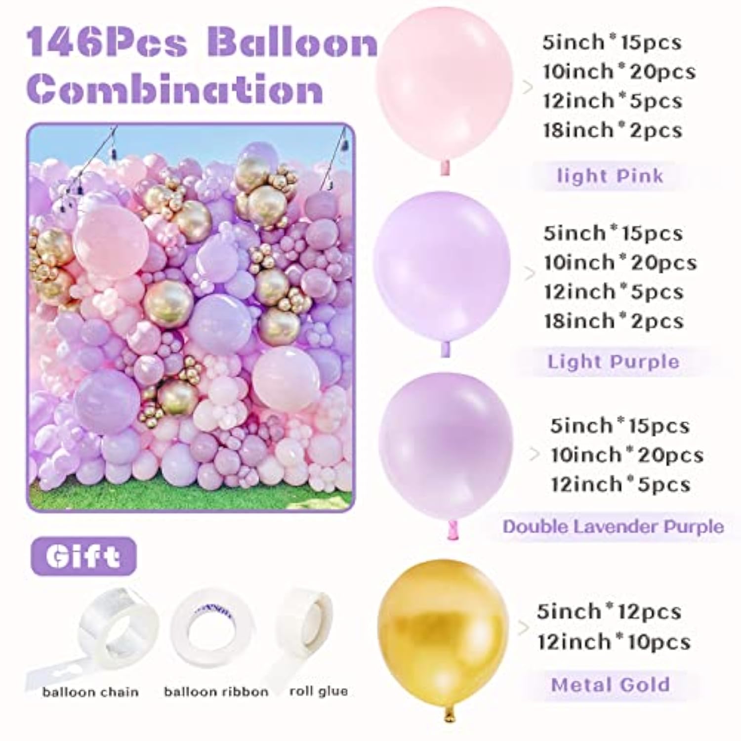 146Pcs Pastel Pink Purple Balloon Garland Kit for Baby Shower & Party Decor