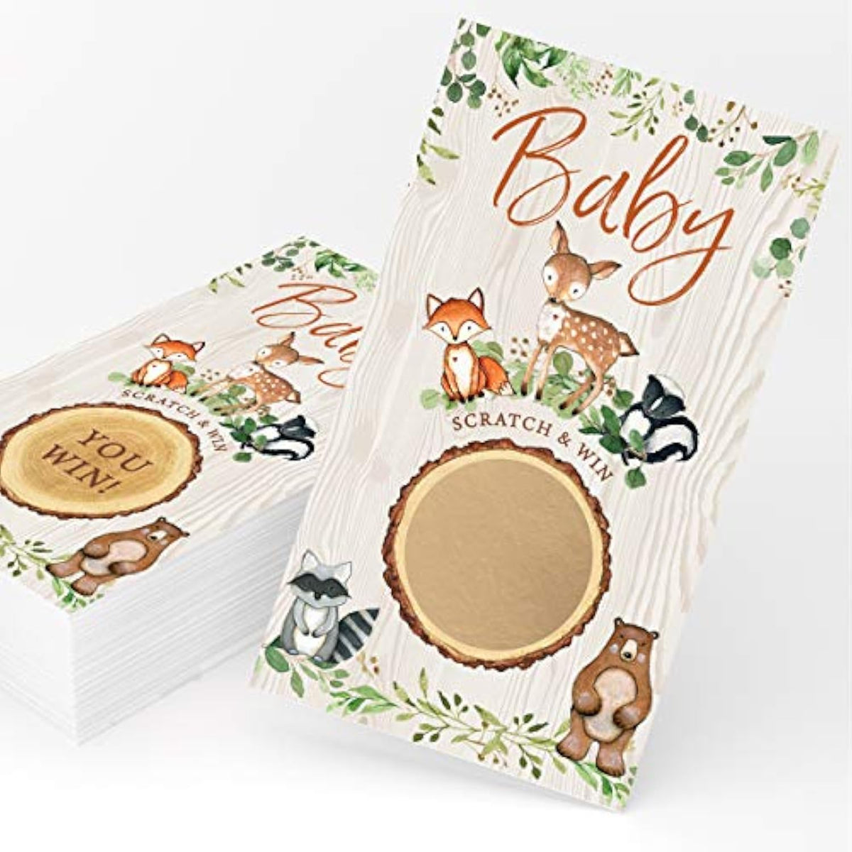 Baby Shower Game – Woodland Scratch Off Cards For Boy Or Girl, Forest Animal Theme, 30 Cards & Stickers