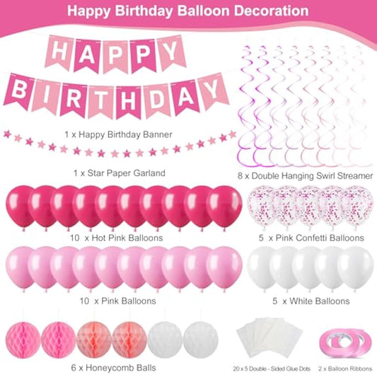 Pink Happy Birthday Decorations Kit For Women Girls Kids, Pre-Strung Birthday Banner Sign With Tissue Paper Poms, Star Garland, Balloons, Hanging Swirls Streamers For Party Decor