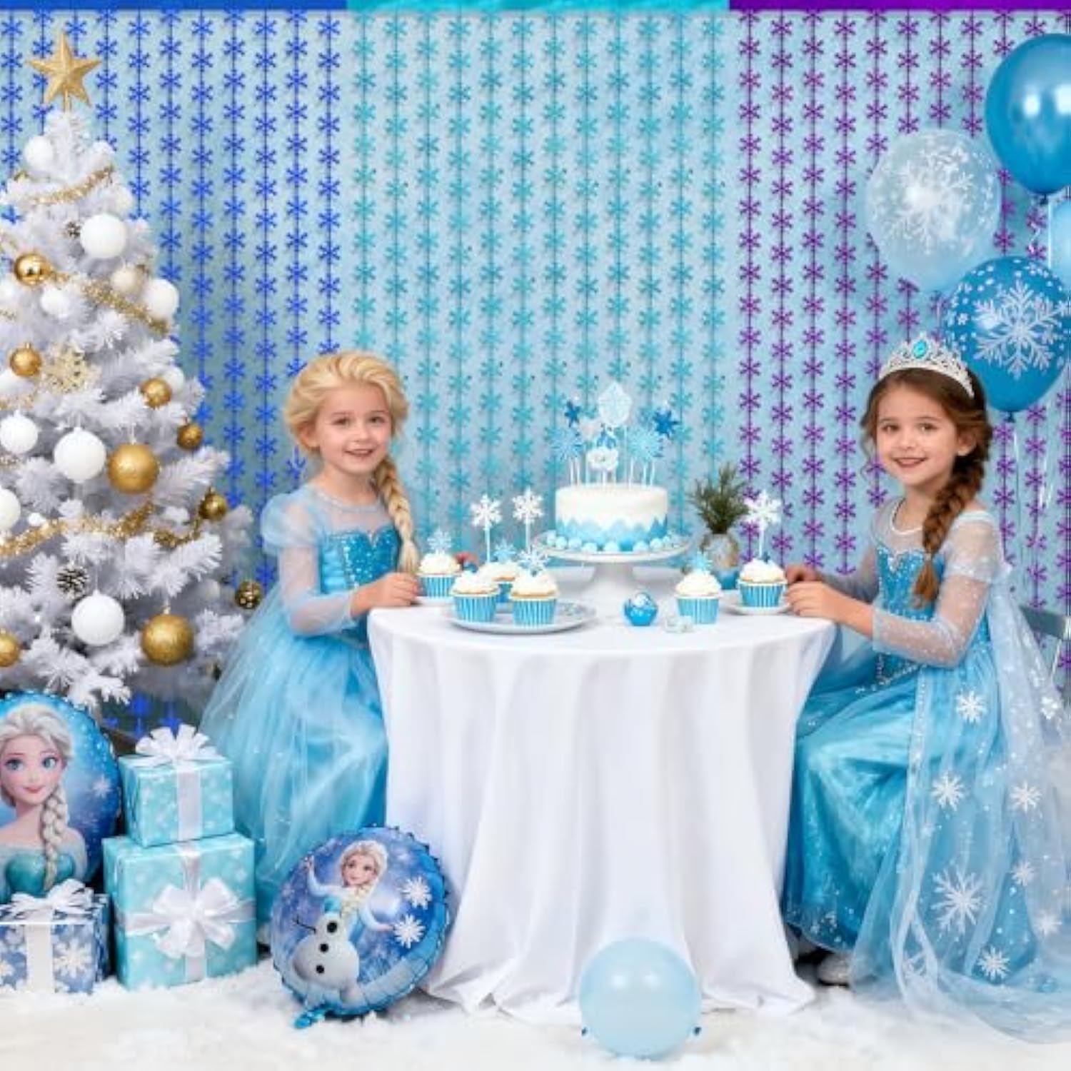 Winter Wonderland Decorations, Frozen Birthday Party Backdrop, Blue Purple Snowflake Foil Fringe Curtain Tinsel Streamers Photo Booth Props For Christmas Baby Shower Home Decor, 3Pcs