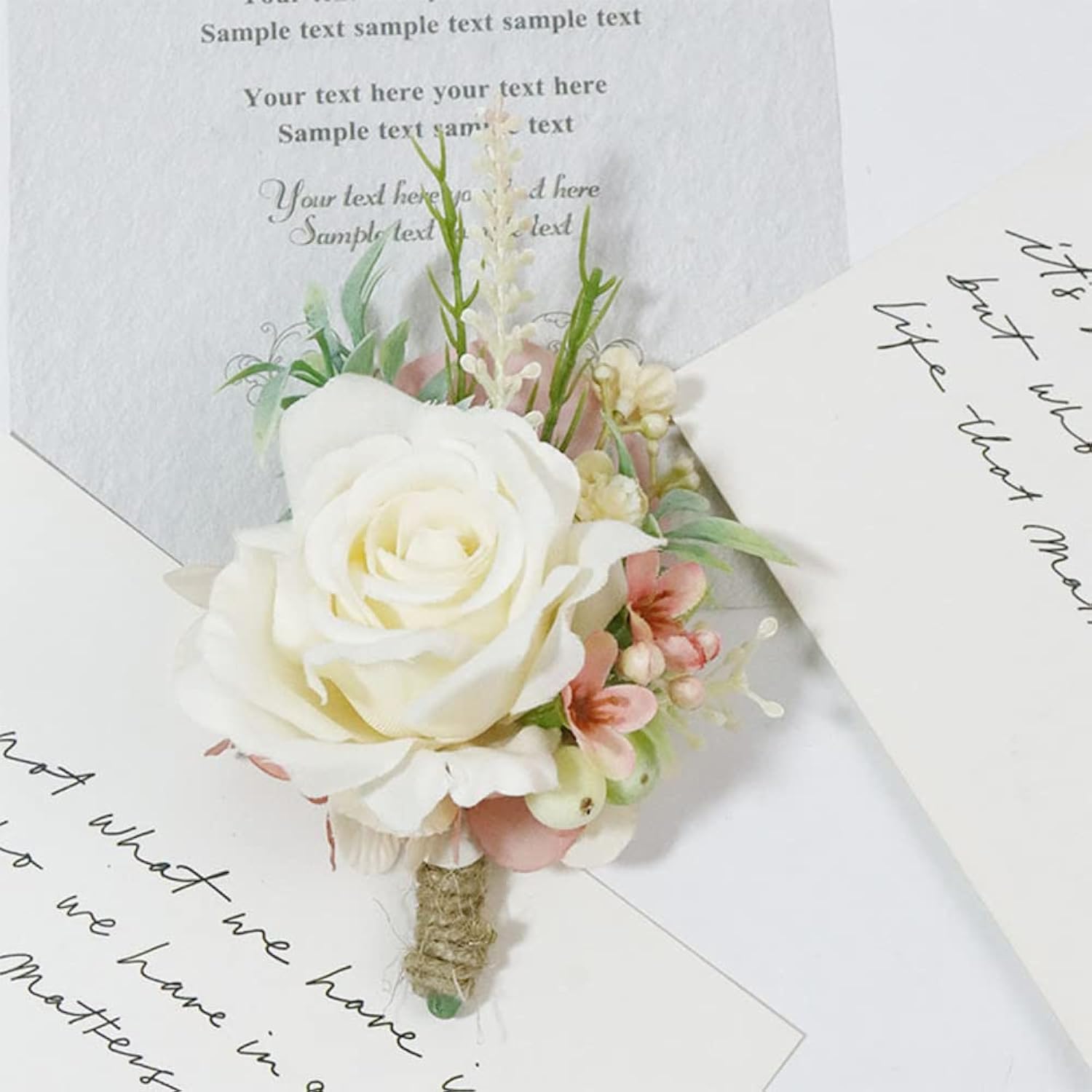 Wrist Corsage And Boutonniere Set Artificial Rose Flowers Accessories For Groom Bride Groomsmen Bridesmaids Wedding Party Prom Suit- Creamy White+Pink 2 Pieces