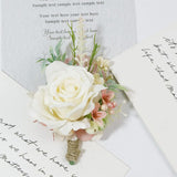 Wrist Corsage And Boutonniere Set Artificial Rose Flowers Accessories For Groom Bride Groomsmen Bridesmaids Wedding Party Prom Suit- Creamy White+Pink 2 Pieces