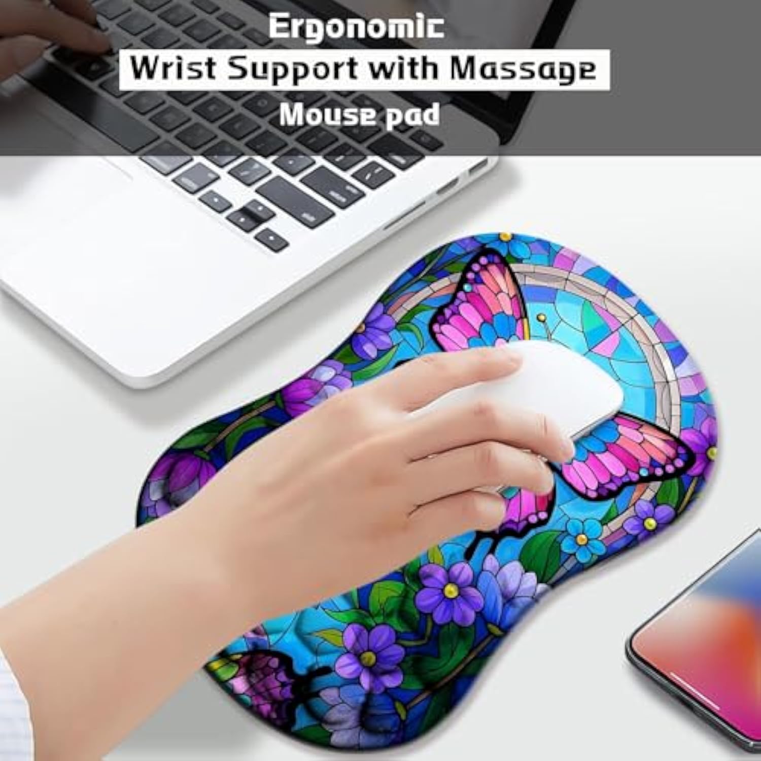 Colourful Butterfly Ergonomic Mouse Pad Wrist Support, Non-Slip Soft Wrist Rest With Massage Computer Keboard And Pc Mousepad For Office And Gaming(Wrist29)
