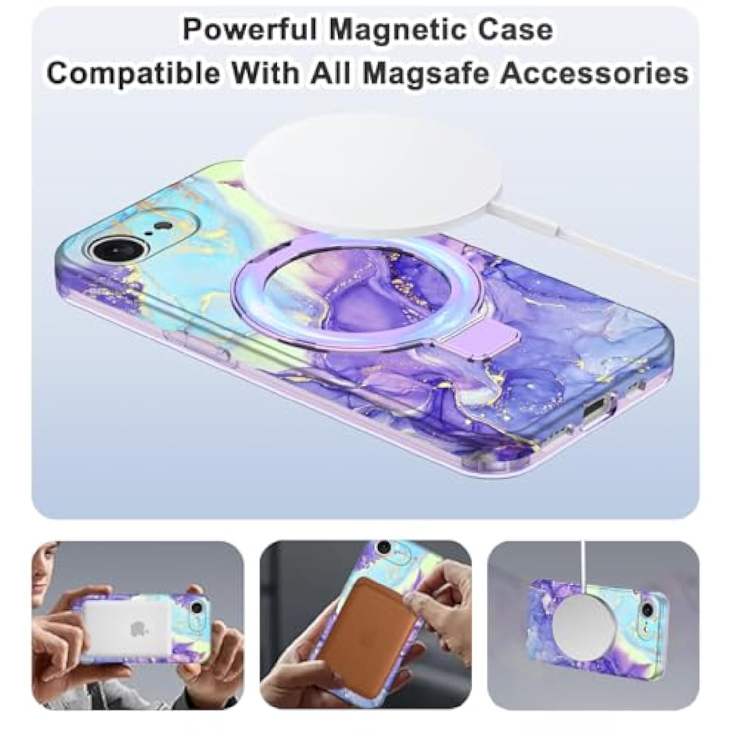 For 16E Case 2025 With Magnetic Invisible Ring Stand [Compatible With Magsafe], Full Body Rugged Slim Women Men Girl Shockproof Marble Pattern Design Case, Violet