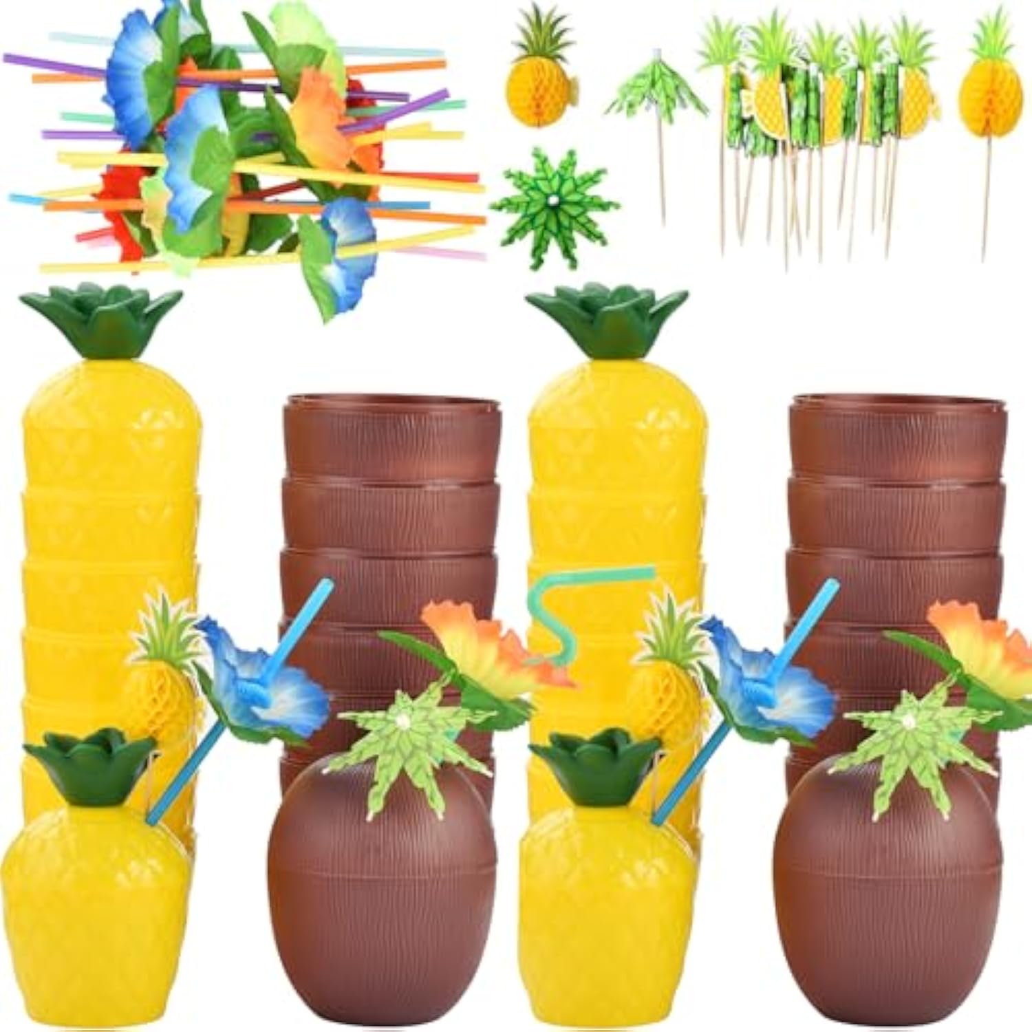 18 Coconut Pineapple Cups With 18 Straws, 18 Cocktail Drink Picks, Hawaiian Luau Tiki And Beach Theme Party Decorations For Kids And Adults, Flower