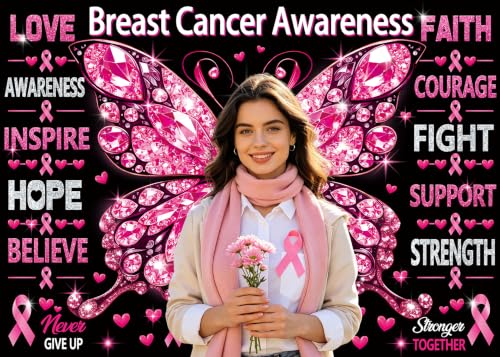 Breast Cancer Awareness Backdrop October Pink Ribbon Butterfly Banner Background Women Breast Cancer Love Hope Faith Charity Event Photo Booth Props 8x6FT