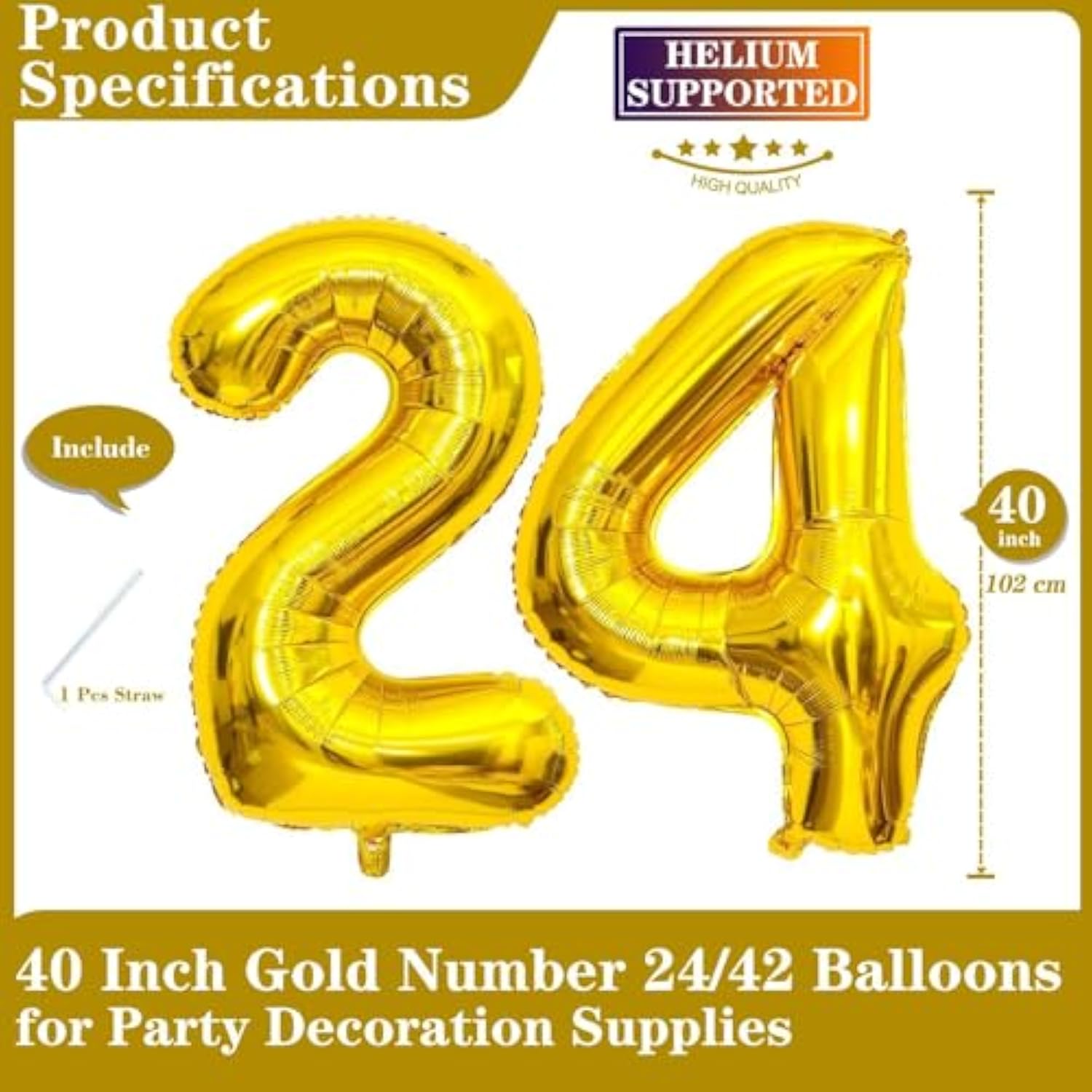 Gold 24 Number Balloons, 40 Inch Giant Number 24 Balloons Foil Mylar Helium Gold Number Balloons For 24Th Birthday Party Supplies Anniversary Event Celebration Decorations