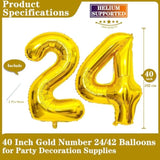 Gold 24 Number Balloons, 40 Inch Giant Number 24 Balloons Foil Mylar Helium Gold Number Balloons For 24Th Birthday Party Supplies Anniversary Event Celebration Decorations