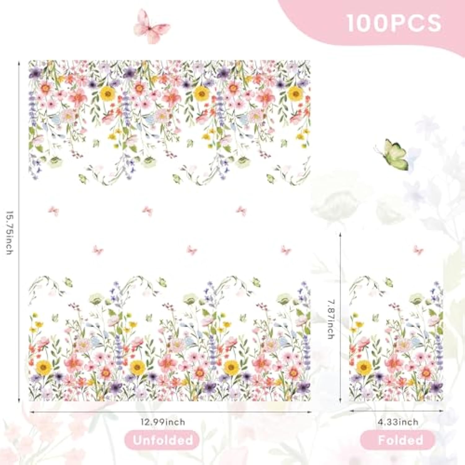 100Pcs Wildflower Napkins 3 Ply Wildflower Baby Shower Napkins Disposable Absorbent Hand Towels For Bathroom Floral Party Paper Napkins Decorative For Wedding Birthday Party Baby Shower
