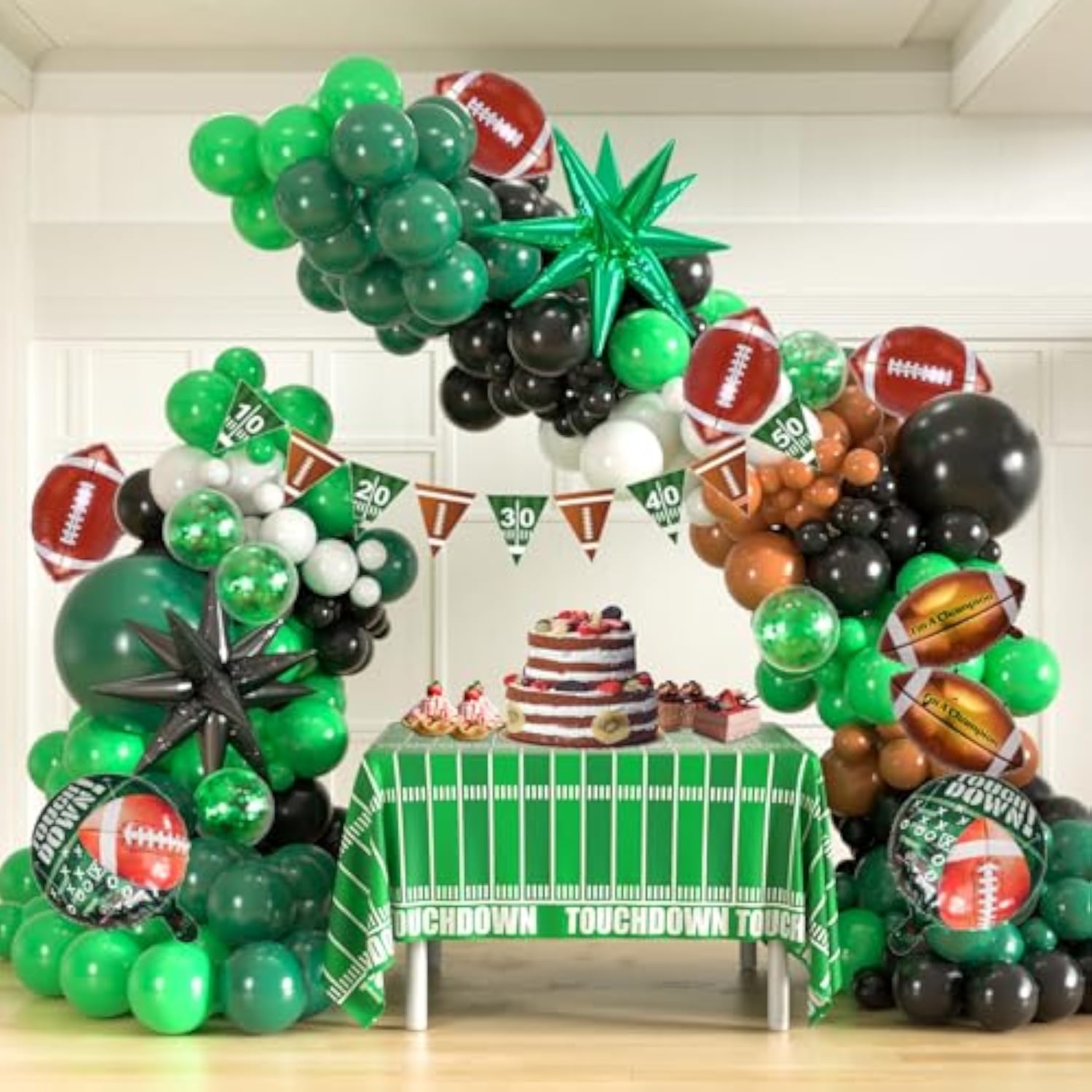 148Pcs Football Balloon Garland Arch Kit, Green Black Brown White Balloons With Foil Footballs, Mylar Stars, Tablecloth, Game Time Banner For Birthday,Super Bowl, Sports Party Decorations