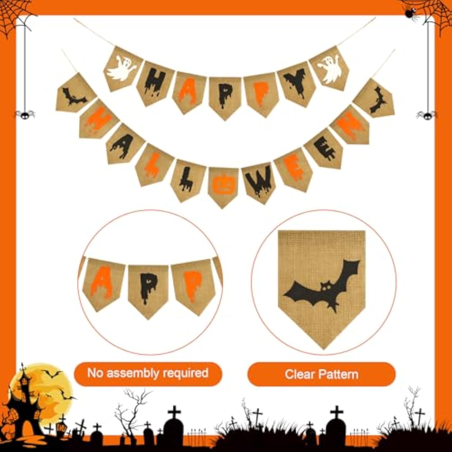 Halloween Burlap Banner: Ghost, Bat & "BOO" - Prestrung Party Decor