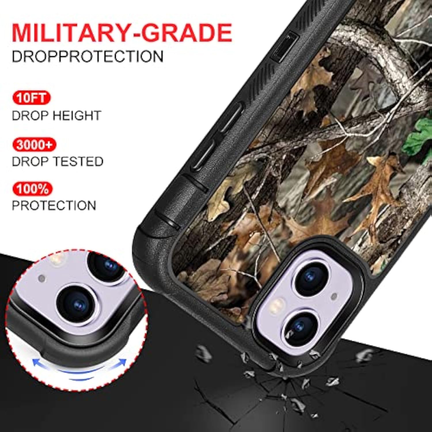 Compatible With Iphone 13 Case Iphone 14 Case Camo Leaf Design For Men Boys, 3-Layer Rugged Shockproof Hard Plastic Bumper +Soft Silicone Rubber Heavy Duty Protection Cover