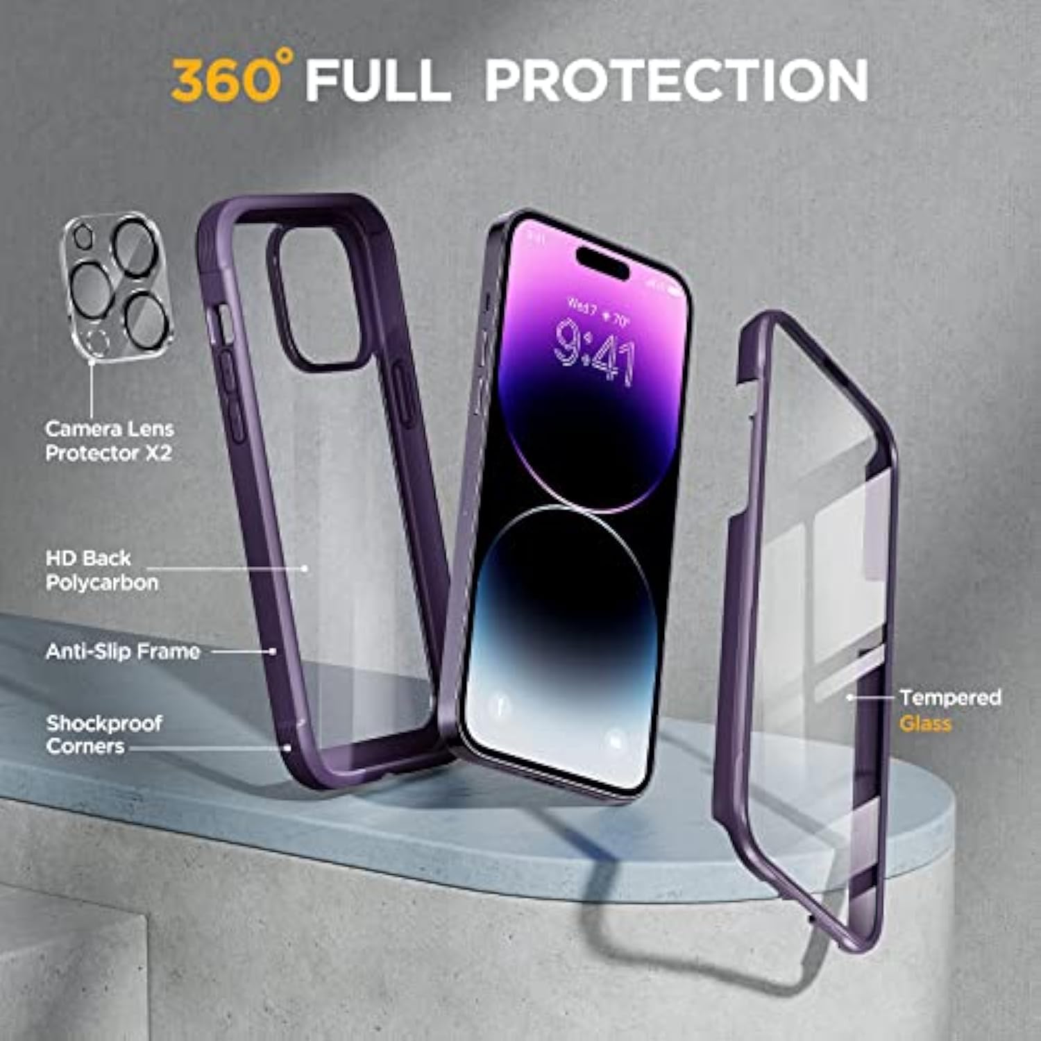 Glass Series For Iphone 14 Pro Case 6.1 Inch, Full-Body Protective Anti Slippery Case With Built-In 9H Tempered Glass Screen Protector, With Camera Lens Protector (Purple)