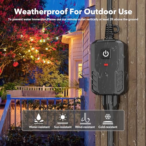 Outdoor Remote Control Outlet Plug Black,Indoor Wireless Outlet Switch Weatherproof Heavy Duty 15A 3-Prong 6-Inch Cord 100Ft Range (Battery Included)