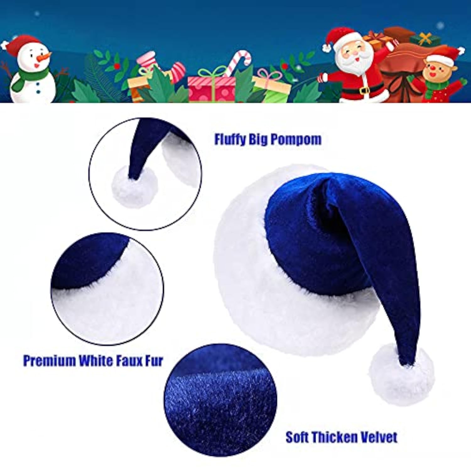 Blue Velvet Santa Hat Kids Unisex Plush Christmas New Year Party Supplies