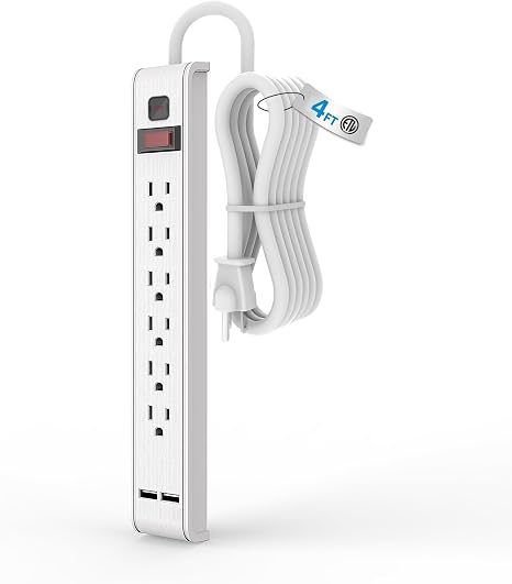 6 Outlet Surge Protector Power Strip 2 USB Ports 4FT Cord 600J Wall Mount