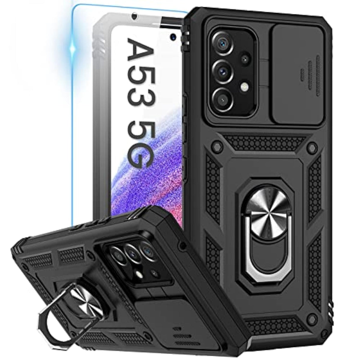 Compatible With Samsung Galaxy A53 5G Case With Camera Cover & Kickstand Ring With Tempered Glass Screen Protector, Military Grade Shockproof Protective Bumper Cover Black