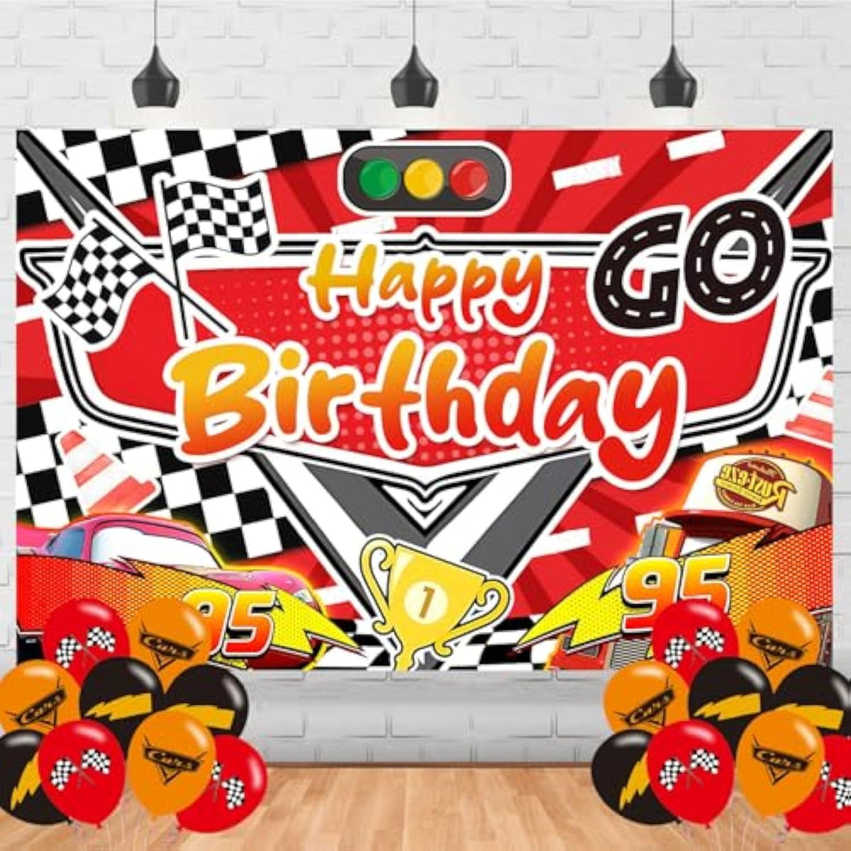 Lightning Car Happy Birthday Backdrop Banner Poster Cartoon Car Theme Party Decor
