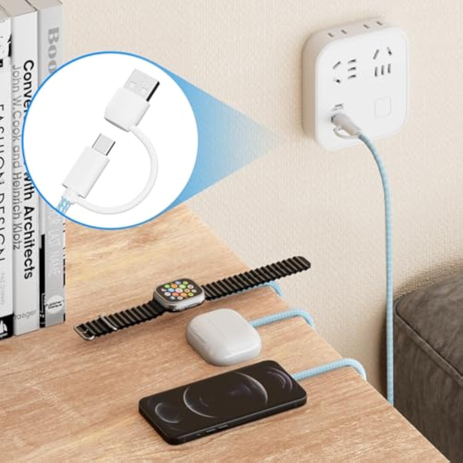 Charging Usb C Watch Phone Charger 3 In 2 Cable, Compatible With Apple Watch Ultra Se Series 1-8, Universal Travel Multi Devices All In One Cord, 4Ft/1.2M-Blue