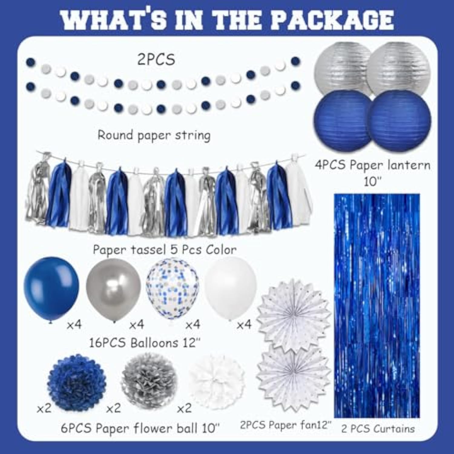 Navy Blue White Silver Party Decorations,46Pcs Kit Balloon Paper Pompom Tassel Garland Men Blue And Silver Graduation Decorations Wedding Baby Bridal Shower Birthday Decor