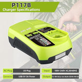 P117 Replacment For Ryobi Charger 12V-18V Compatible With Ryobi 18V Battery Charger Li-Ion&Ni-Cad&Ni-Mh Battery P102 P108 P189 P197 P103 P105 P107 P190 P191 Pbp002 Pbp005(Dual Usb Intelliport)