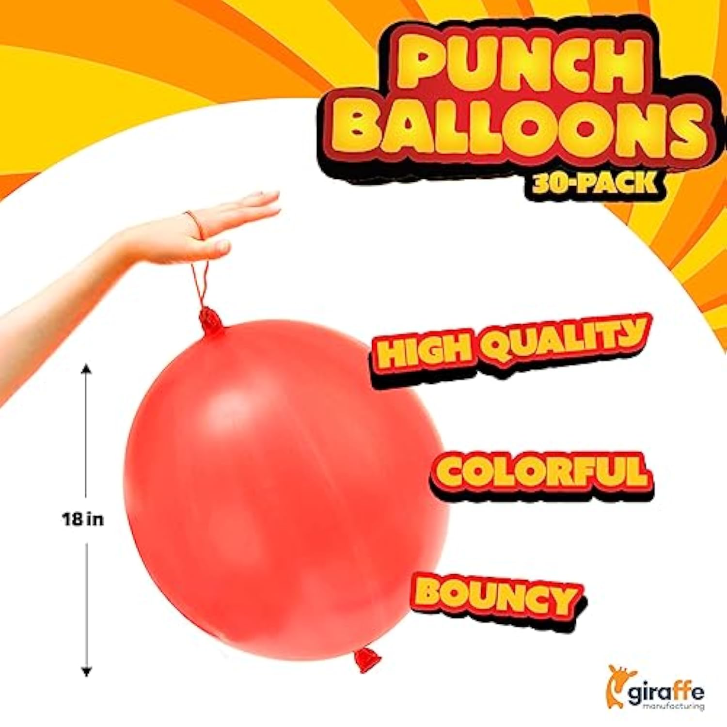 Giraffe 30 Pack Punch Balloons Bulk Fun Party Favors For Kids - 18 Inches Large Thick Latex Neon Rubber Heavy Duty Balloons - Age 4-8, 6 To 8, 8-12 - Easter Basket Stuffers For Kids