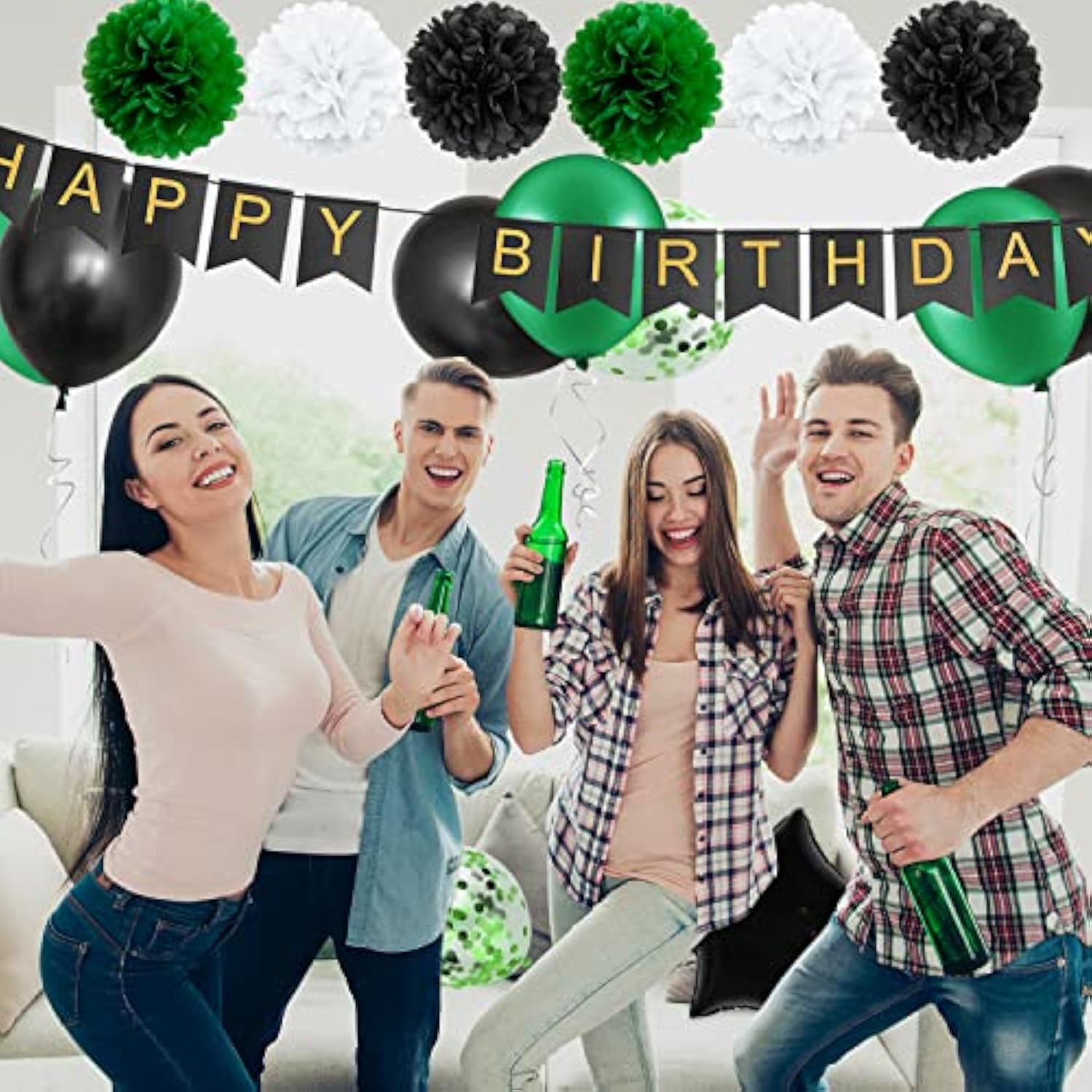Green Black Birthday Decorations for Men with Banner Balloons Confetti and Ribbon