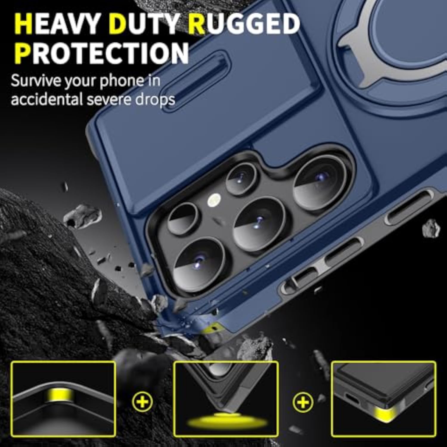 Samsung Galaxy S25 Ultra Case with Slide Camera Cover and Rotating Kickstand Ring, Slim Magnetic Shockproof Accessories Phone Case for Samsung S25 Ultra (Blue) - Protective Case for Samsung S25 Ultra with Rotating Stand