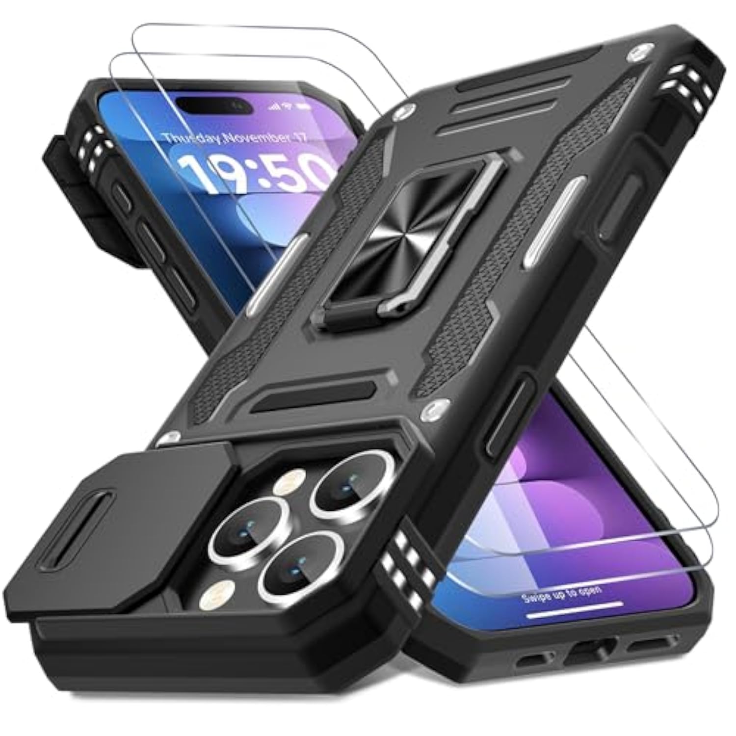 Case For Iphone 16 Pro With Slide Camera Cover+Screen Protector(2 Packs), Rotated Ring Kickstand Military Grade Shockproof Protective Cover-Black