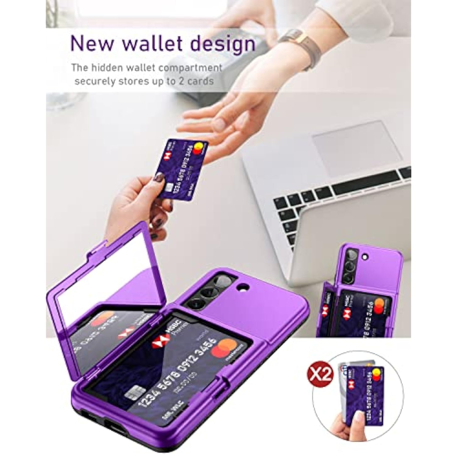 For Samsung Galaxy S22 Wallet Case With Credit Card Holder & Hidden Mirror, Allround Protection Shockproof Phone Cover Designed For Samsung Galaxy S22 5G, 6.1 Inch Purple